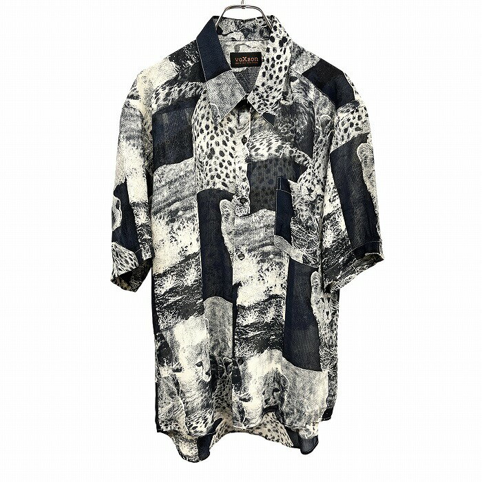 Rakuten - 【中古】[印象A] VOXSON シャツ メンズ L ネイビー 紺×ベージュ ポリ100%×紺色部分が特に透けるデザイン ロングテール フレンチフロント 透け感 フォトプリント ヒョウ柄 アニマル 動物 半袖 胸ポケット