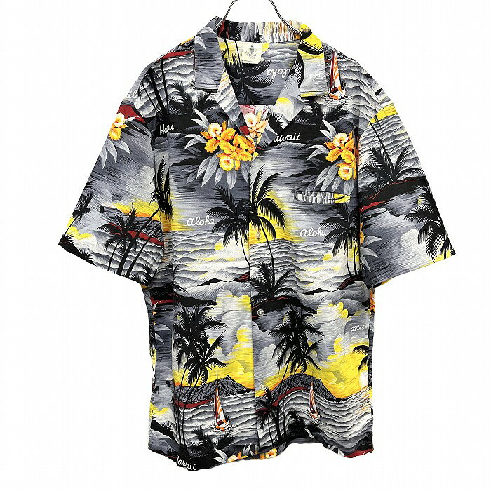 樂天商城 - 【中古】[印象AB] ROYAL CREATIONS HAWAII ロイヤルクリエーションズ オープンカラーシャツ メンズ L グレー 綿100% 胸ポケット付き フレンチフロント ボックスカット 開襟 アロハ柄 ヤシの木 サンライズ 半袖