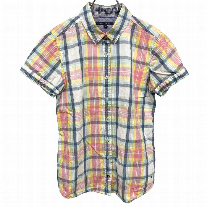 樂天商城 - 【中古】[印象AB] TOMMY HILFIGER トミーヒルフィガー シャツ レディース 6 ピンク×青×黄×白 綿100% 前立て裏にストライプ 少し薄手 チェック 半袖 ポケット無し 裾にロゴ刺繍