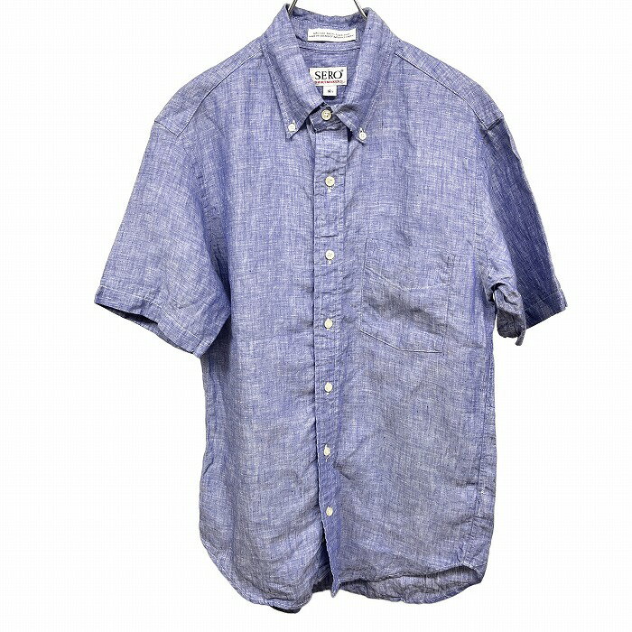 乐天商城 - 【中古】[印象AB] SERO セロ シャツ メンズ 14.5 ヘザーネイビー 杢紺 麻100% リネン100% ボタンダウン 無地 半袖 胸ポケット ショートスリーブ カナダ製