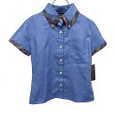 【新品/訳アリ】SCHAMBASIC シャツ スリムフィット 一部ストライプ柄 ボタンダウン 半袖 ポリ×麻 38 ブルー 青×緑×茶 レディース