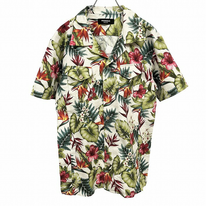 Rakuten - 【中古】[印象AB] 1PIU1UGUALE3 RELAX 開襟シャツ メンズ XL LL ホワイト 白×緑×赤×黄×ピンク 綿×麻 フレンチフロント ボックスカット 少し厚みのある生地 アロハ柄 両胸ポケット 半袖