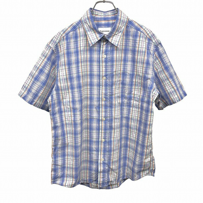 Rakuten - 【中古】[印象AB] CONVERSE コンバース シャツ メンズ M ブルー 青×ピンク×緑×茶×白 綿100% コットン100% チェック 胸ポケット 半袖 レギュラーカラー