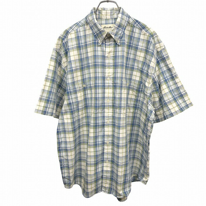 樂天商城 - 【中古】[印象AB] Eddie Bauer エディーバウアー ボタンダウンシャツ メンズ M 青×緑×オフホワイト 綿100% チェック 半袖 5分袖 両胸ポケット ルーズフィット