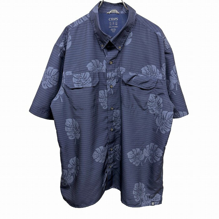 Rakuten - 【中古】[印象A] CHAPS チャップス ボタンダウンシャツ メンズ XXL 2XL 3L ネイビー 紺 ポリ100% 裾の両側にスリット ポケットはメッシュポケット ボーダー×アロハ柄 半袖 両胸ベルクロフラップポケット