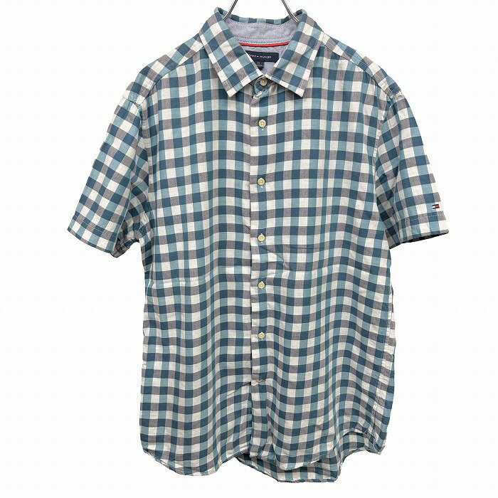 Rakuten - 【中古】[印象AB] TOMMY HILFIGER トミーヒルフィガー シャツ メンズ M ブルー 青×白×紺 綿100% コットン チェック 袖にロゴ刺繍 半袖 ポケット無し フレンチフロント