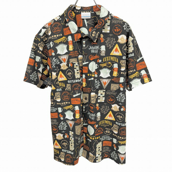 Casual Shirts - 【中古】[印象AB] Columbia コロンビア カットソーシャツ 胸ポケット付き フレンチフロント 裾の両側にスリット 総柄 ビール 望遠鏡 植物 ロゴ ボックスカット 半袖 ポリ×綿 M ブラック 黒×茶×黄×緑×白 メンズ