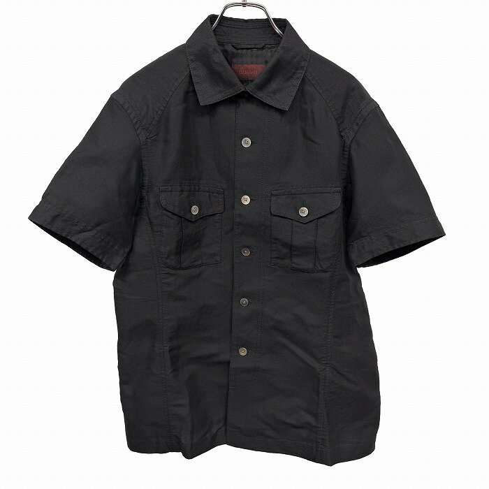 乐天商城 - 【中古】[印象AB] D'URBAN ダーバン シャツ メンズ M ブラック 黒 綿×麻 コットン×リネン 無地 首元はチンストラップ 両胸ポケット 半袖 ボックスカット