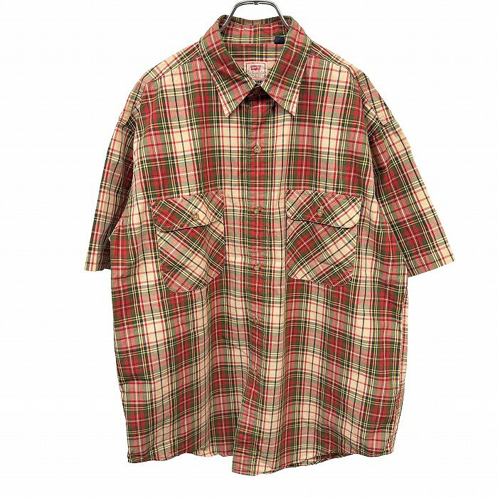 【中古】LEVI'S リーバイス シャツ チェック 両胸フラップポケット 半袖 ビッグシルエット 大きいサイズ 綿100% L 赤×緑×黄×ベージュ×白 メンズ
