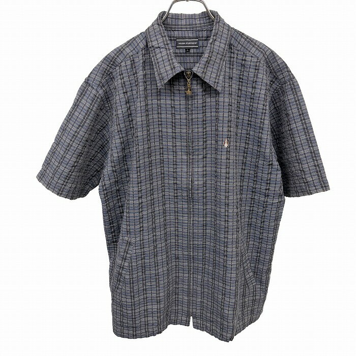 乐天商城 - 【中古】[印象AB] HUSH PUPPIES ハッシュパピー クレープシャツ メンズ L ネイビー 紺×白 綿100% 裾の両側にスリット フルジップ チェック 犬の刺繍 半袖 ボックスカット