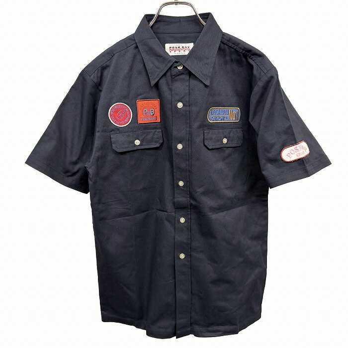 乐天商城 - 【中古】[印象AB] POSH BOY ポッシュボーイ シャツ メンズ S ネイビー 紺 綿100% ロゴパッチ 両胸フラップポケット ボックスカット 半袖 ショートスリーブ