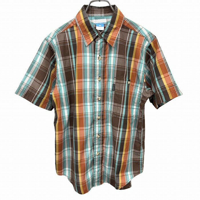 Rakuten - 【中古】[印象AB] Columbia コロンビア シャツ メンズ SS XS 緑×茶×白 ポリ×綿 チェック 半袖 胸ポケット ショートスリーブ レギュラーカラー 古着