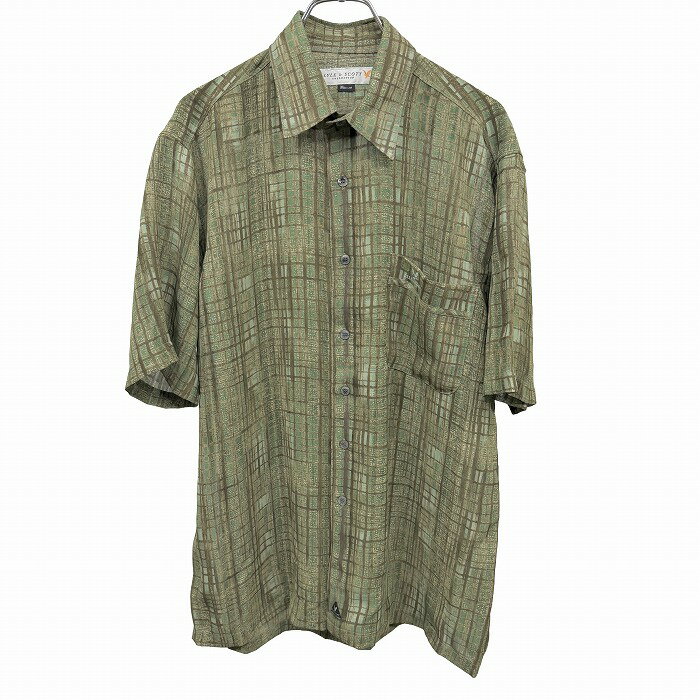 【中古】[印象AB] LYLE＆SCOTT ライルアンドスコット シャツ メンズ M グリーン 緑×茶系 ポリ100% 透け感 チェック系の柄 半袖 胸に鳥の刺繍 ボックスカット