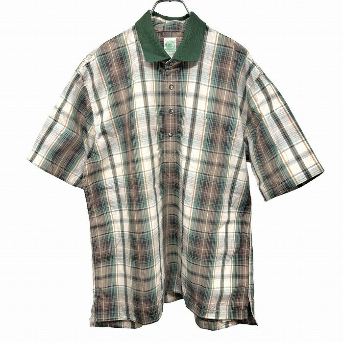 樂天商城 - 【中古】[印象AB] J.PRESS GOLF CLUB ジェイプレス ゴルフクラブ プルオーバーシャツ メンズ L グリーン 緑×茶系×ベージュ系×黄緑 綿100% ボックスカット 裾の両側にスリット リブ襟 チェック 半袖 胸ポケット