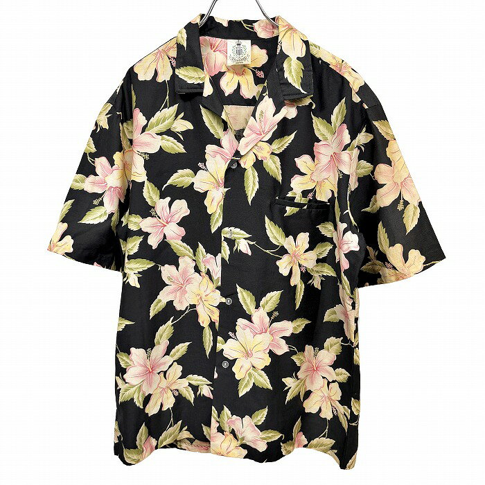 樂天商城 - 【中古】[印象B] ROYAL CREATIONS HAWAII ロイヤルクリエーションズハワイ オープンカラーシャツ メンズ L ブラック ブラック×ピンク×イエロー×グリーン 黒×ピンク×黄×緑 綿100% 花柄・植物柄 半袖 古着 アロハ柄 開襟 胸ポケット付き ボックスカット フレンチフロント