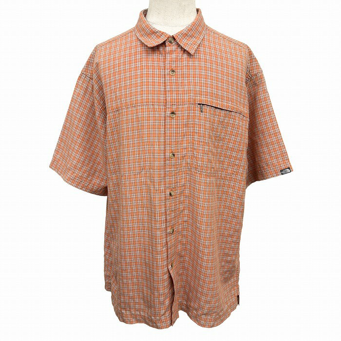 樂天商城 - 【中古】[印象AB] THE NORTH FACE ザ・ノースフェイス ボックスカットシャツ メンズ LL XL オレンジ 橙系×黒×白 モーダル×ポリエステル チェック柄 レギュラーカラー 半袖 インド製 古着 左胸にジップポケット 内側の背中の肩回りにメッシュ裏地 裾の両サイドにスリット