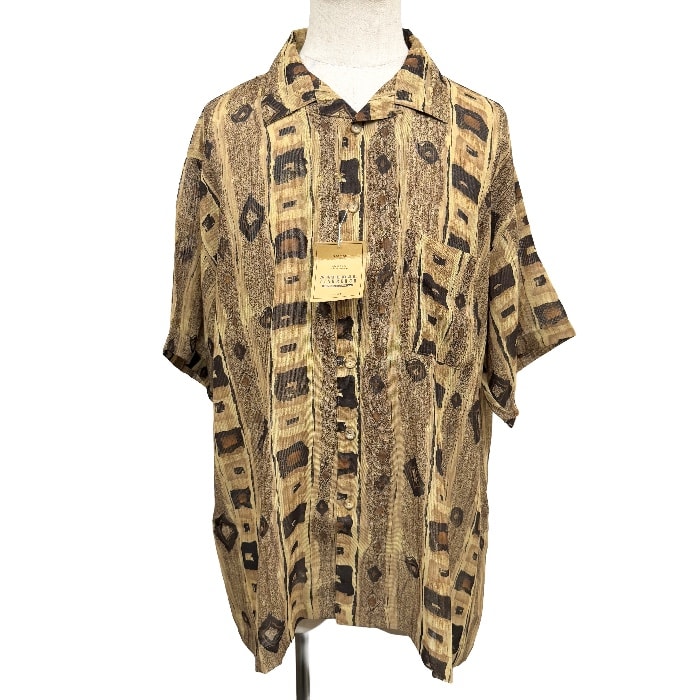 【新品】[印象N] NATURAL LINDBERGH ナチュラルリンドバーグ 透け感 オープンカラーシャツ 開襟シャツ メンズ LL XL ブラウン 茶×ベージュ ポリエステル100% やや薄手 総柄 半袖 日本製 ザラっとした硬い手触りの生地感 胸ポケット付き フレンチフロント ボックスカット