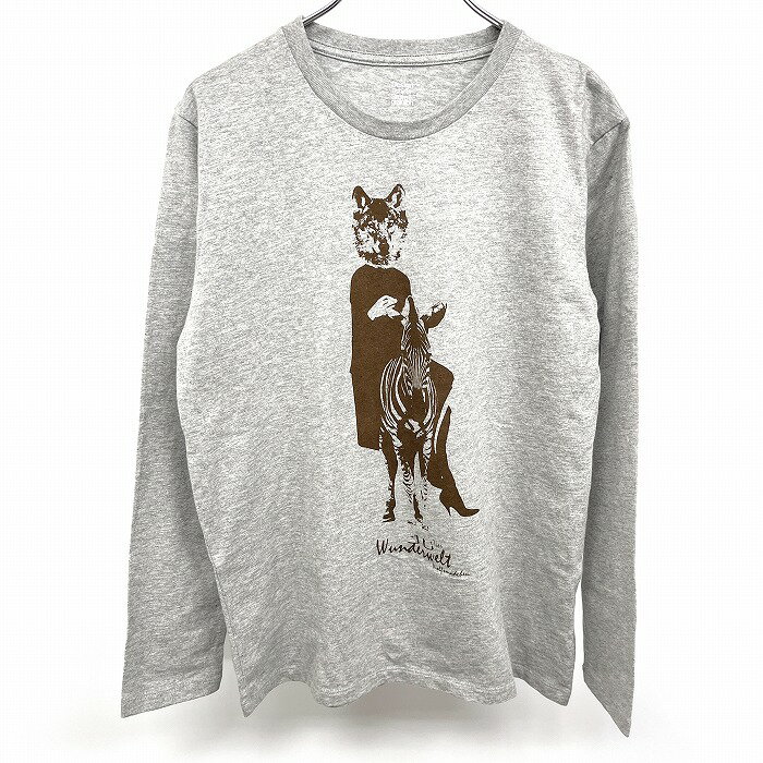 【中古】graniph グラニフ S レディース Tシャツ プリント 狼 オオカミ ハイヒール シマウマ ゼブラ 動物 アニマル 英字 丸首 長袖 綿100 杢グレー