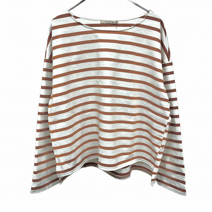 ストラ 【新品】stola. Tシャツ ボーダー ボートネック 長袖 ロングテール カットソー 日本製 綿100% F ブラウン 茶×白 レディース
