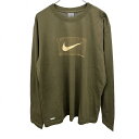 【中古】ナイキ NIKE Tシャツ スウォッシュ プリント グラフィック 長袖 ドライフィット 綿×ポリ M グリーンカーキ 緑系×茶×ベージュ メンズ