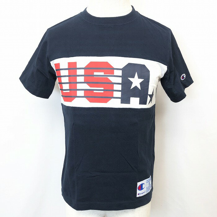 【中古】Champion チャンピオン S メンズ 男性 プリントTシャツ 『USA』 ロゴワッペン 切り替えし生地 丸首 半袖 服 綿100% コットン ネイビー 紺