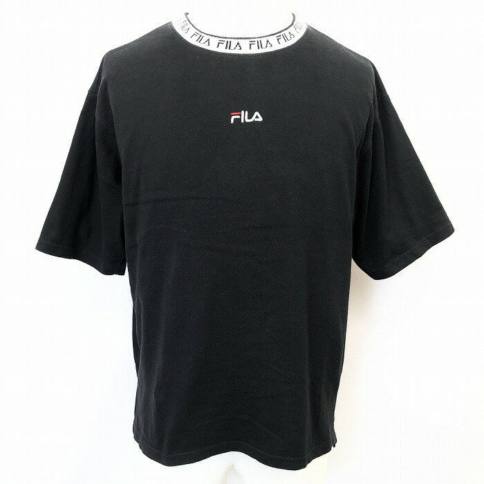 【中古】FILA フィラ M メンズ 男性 Tシャツ カットソー ロゴ刺繍 丸首 クルーネック 半袖 ショートスリーブ ロングテール 綿100% ブラック 黒