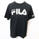 【中古】FILA フィラ L メンズ 男性 Tシャツ カットソー ロゴプリント ロゴにヒョウ柄 レオパード レパード 丸首 半袖 綿100% ブラック 黒