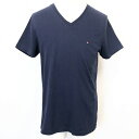 【中古】TOMMY HILFIGER トミーヒルフィガー S メンズ 男性 Tシャツ カットソー ワンポイントロゴ刺繍 Vネック 半袖 綿100% コットン ネイビー 紺