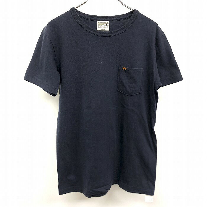 Rakuten - 【スーパーSALE★30%OFF★対象商品】【中古】[印象B] ALPHA INDUSTRIES アルファインダストリーズ Tシャツ / カットソー メンズ S ネイビー 紺 綿100% コットン ポケットにロゴタグ 丸首 半袖