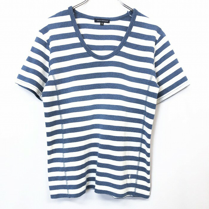 【全品PT10倍|まもなく終了】＼お買い物マラソン／期間中は100〜2,000円OFFクーポン配布＆全品PT10倍 ■□【中古】URBAN RESEARCH アーバンリサーチ 38 レディース Tシャツ カットソー ストレッチ ボーダー Uネック 半袖 綿×ポリウレタン ヘザーブルー