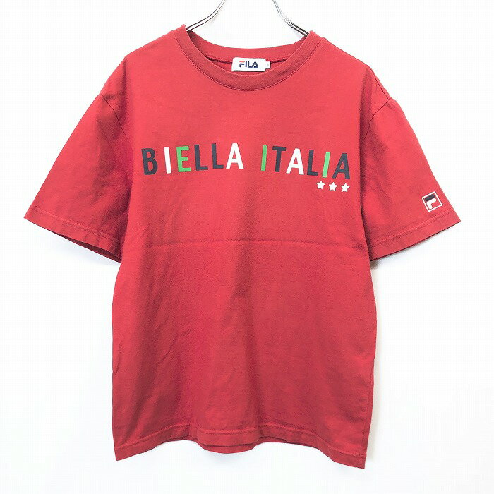 ＼9/11(日)02時まで!!楽天スーパーSALE／最大2,000円OFFクーポン★☆【中古】FILA フィラ M メンズ 男性 Tシャツ カットソー プリント 英字 文字 BIELLA ITALIA 丸首 クルーネック 半袖 綿100% コットン100% レッド 赤