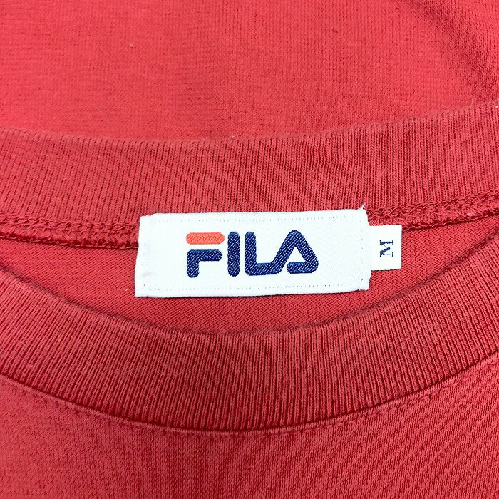 ＼9/11(日)02時まで!!楽天スーパーSALE／最大2,000円OFFクーポン★☆【中古】FILA フィラ M メンズ 男性 Tシャツ カットソー プリント 英字 文字 BIELLA ITALIA 丸首 クルーネック 半袖 綿100% コットン100% レッド 赤