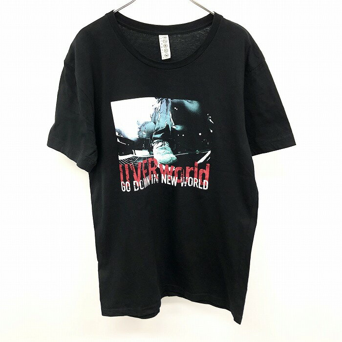 【中古】UVERworld ウーバーワールド - レディース(メンズ？) Tシャツ 音楽 ロックバンド プリント 『GO DOWN IN NEW WORLD』 丸首 半袖 綿100% 黒