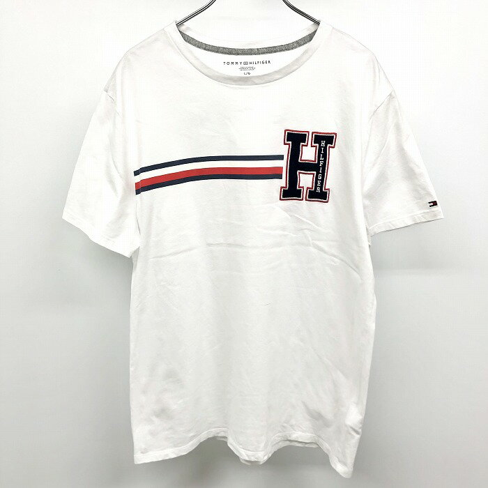 【中古】TOMMY HILFIGER トミーヒルフィガー L メンズ 男性 Tシャツ ロゴ プリント 刺繍 丸首 半袖 綿100% コットン ホワイト×ネイビー×レッド 白