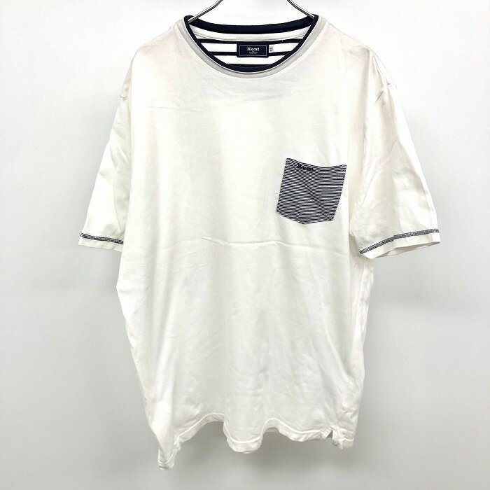 Rakuten - 【スーパーSALE★半額★対象商品】【中古】[印象B] Kent IN TRADITION ケントイントラディション Tシャツ メンズ LL XL ホワイト×ネイビー 白 綿100%(オーガニックコットン100%) ポケットに英字のロゴ刺繍 ボーダー 丸首 半袖 胸ポケット