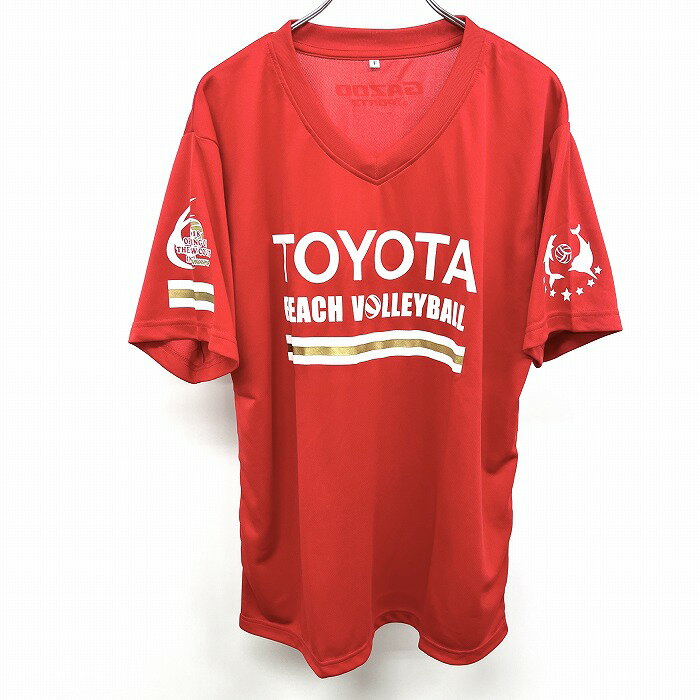 【中古】GAZOO SPORTS ガズースポーツ F メンズ Tシャツ TOYOTA BEACH VALLEY BALL 2018 ビーチバレー 英字 文字 イルカ Vネック 半袖 - レッド 赤