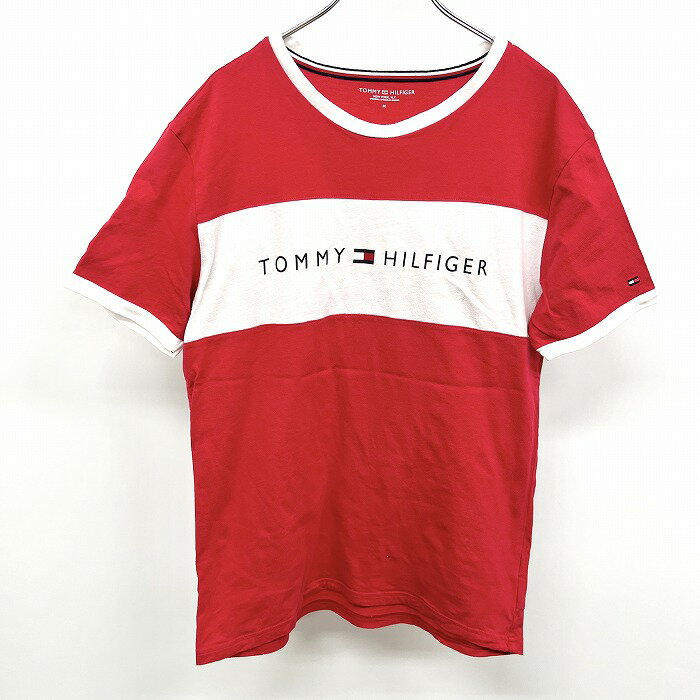 【中古】TOMMY HILFIGER トミーヒルフィガー M メンズ 男性 Tシャツ カットソー 切り返し生地 ロゴプリント 丸首 半袖 綿100% レッド×ホワイト 赤