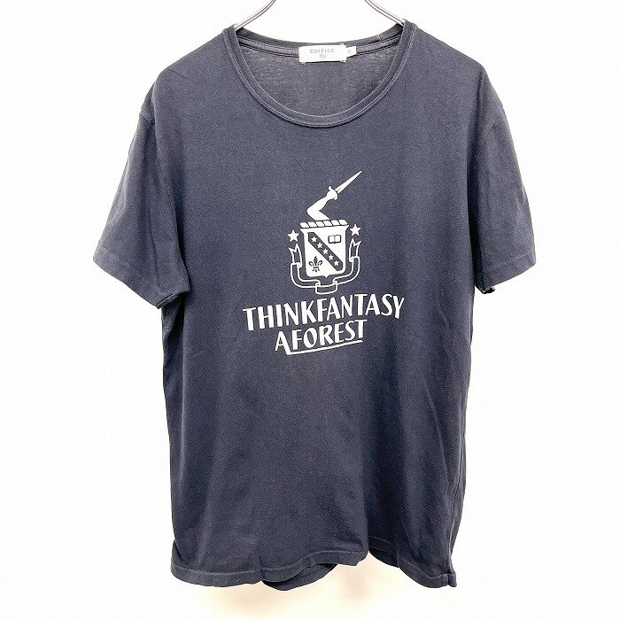 Rakuten - 【スーパーSALE★半額★対象商品】【中古】[印象BC] EDIFICE エディフィス Tシャツ メンズ 38 紺 ネイビー×ホワイトグレー THINK FANTASY A FOREST 半袖 プリント 英字 文字