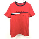 【中古】TOMMY HILFIGER トミーヒルフィガー S メンズ(レディース？) Tシャツ ロゴ刺繍 丸首 半袖 綿100% コットン レッド×ネイビー×ホワイト 赤