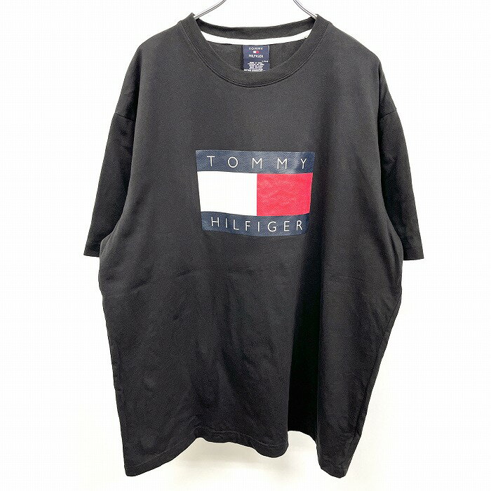 【中古】TOMMY HILFIGER トミーヒルフィガー L メンズ 男性 Tシャツ ロゴプリント 英字 文字 丸首 クルーネック 半袖 綿100% コットン ブラック 黒