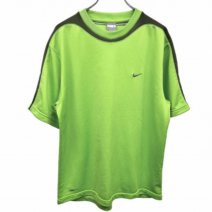 【中古】ナイキ NIKE Tシャツ スポーツシャツ ロゴ刺繍 半袖 ショートスリーブ 丸首 クルーネック プルオーバー ポリ100% L グリーン 緑 メンズ