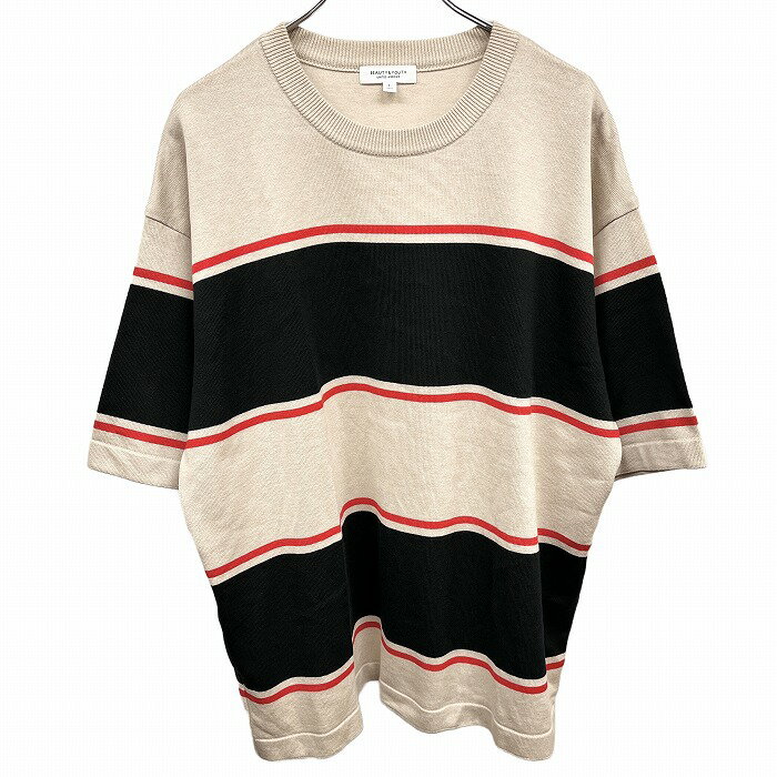 【全品ポイント10倍|開催中|〜07/11(金)01:59まで\7月お買い物マラソン/100円〜2,000円OFFクーポン配布中】【中古】ビューティーアンドユース UNITED ARROWS BEAUTY&YOUTH Tシャツ ボーダー 5分袖 綿×アクリル L 杢ベージュ 杢ベージュ×黒×赤系 メンズ