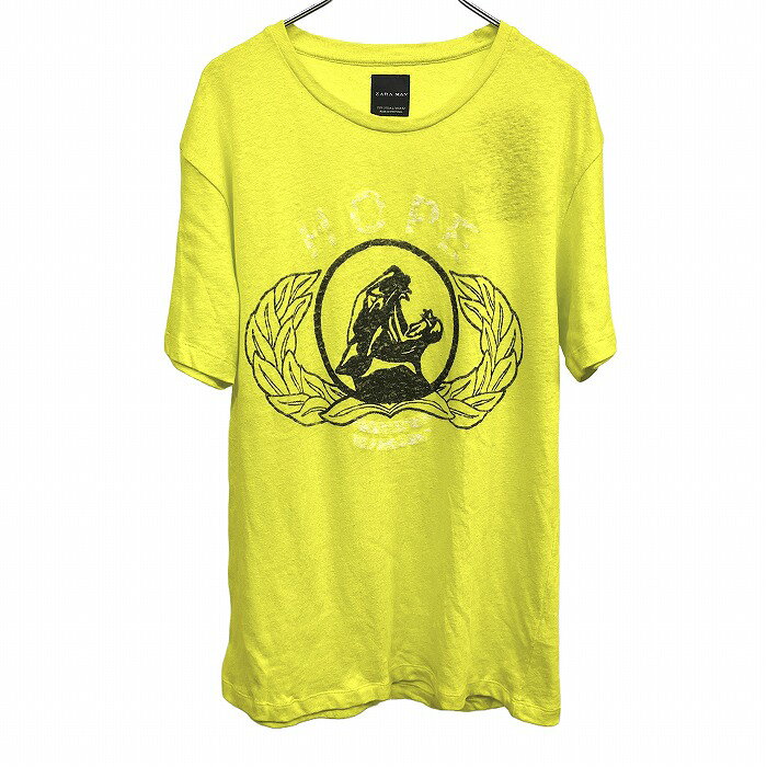 Rakuten - 【新品】[印象N] ZARA MAN ザラ Tシャツ メンズ L イエロー 黄×黒×白 コットン×リネン 綿×麻 麻混紡の生地なので所々麻の茶色の繊維が少し混ざっています ピューマ プリント イラスト 英字 HOPE 半袖