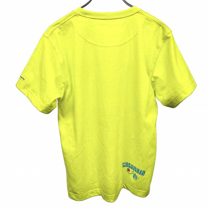 【中古】[印象AB] Columbia コロンビア Tシャツ レディース S グリーンイエロー 黄色系×ネイビーグレー×赤×青×茶 ポリ×綿 英字 太陽 半袖