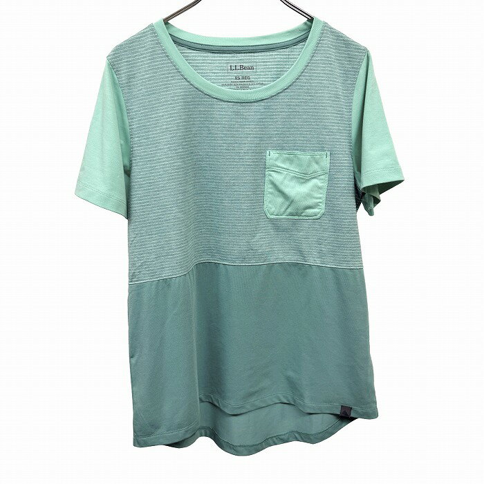 Rakuten - 【中古】[印象AB] L.L.BEAN エルエルビーン Tシャツ レディース SS XS ヘザーグリーン ポリ×綿など ストレッチ ボーダー 切り返し生地 後ろが丸裾 胸ポケット 半袖