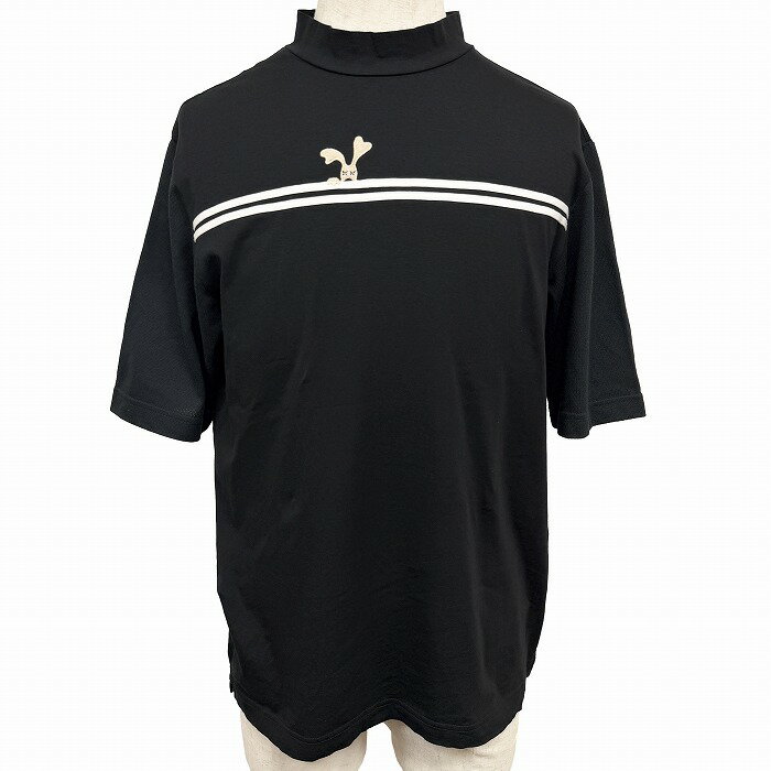 乐天商城 - 【中古】[印象AB] M・U SPORTS エムユースポーツ Tシャツ ゴルフ メンズ 48 ブラック 黒×白×ベージュ [本体：綿×ポリウレタン/袖：ポリエステル×綿] ワンポイント 半袖 日本製 古着 モックネック 袖が別生地 犬の刺繍 裾の両サイドにスリット ショートスリーブ