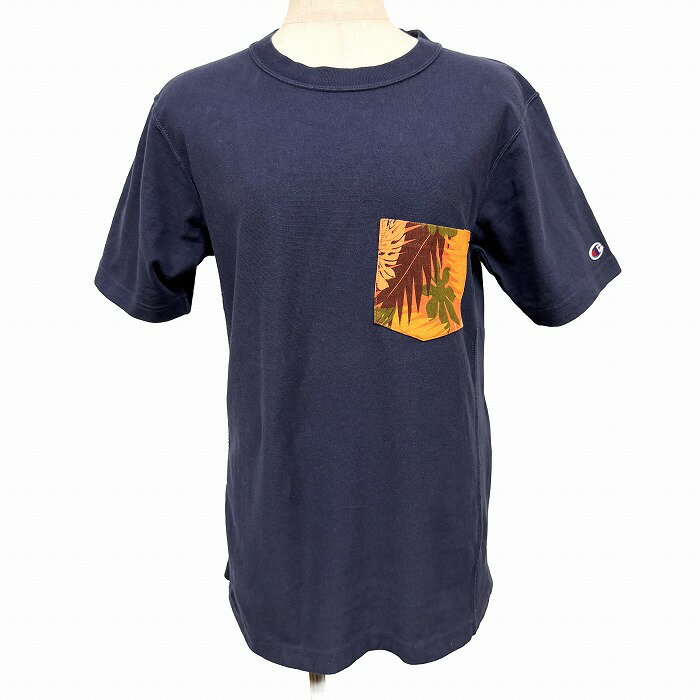 樂天商城 - 【中古】[印象AB] RAGEBLUE|Champion REVERSE WEAVE レイジブルー|チャンピオン リバースウィーブ ポケットTシャツ ポケT レディース L ネイビー 紺×橙×緑 綿100% 植物柄 クルーネック 半袖 中国製 古着 両サイドがリブ生地 左袖にロゴパッチ ショートスリーブ