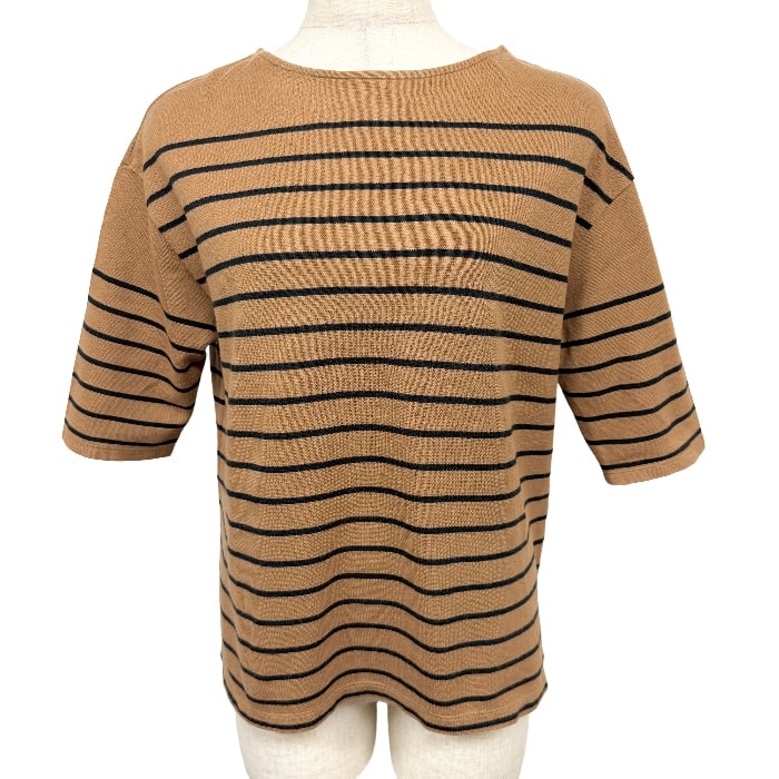 【中古】[印象AB] J.PRESS ジェイプレス Tシャツ レディース M (B81-88/T158-164) ブラウン 茶×濃緑 綿100% コットン100% ボーダー柄 ボートネック 5分袖 中国製 古着 ロングテール 裾の両サイドにスリット ショートスリーブ