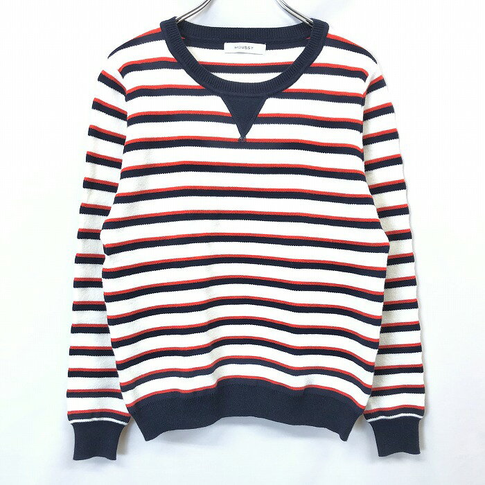 Rakuten - 【スーパーSALE★半額★対象商品】【中古】[印象AB] MOUSSY マウジー ニット / セーター レディース FREE ホワイト×ネイビー×レッド アクリル×綿×ナイロン ボーダー Vガゼット 丸首 長袖