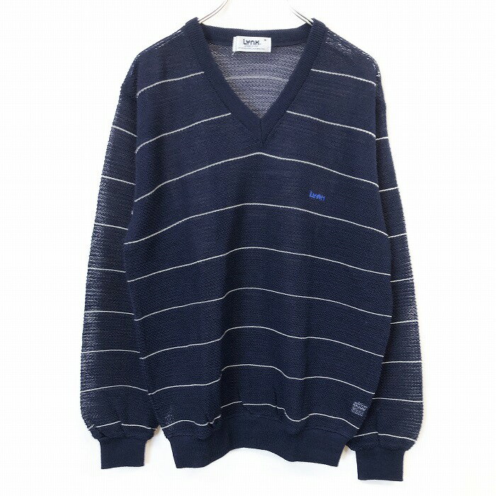 【中古】LYNX リンクス M メンズ 若干薄手 ゴルフ ざっくり編み 透け感 ニット セーター Vネック ボーダー 硬めの生地感 長袖 アクリル×ウール 紺